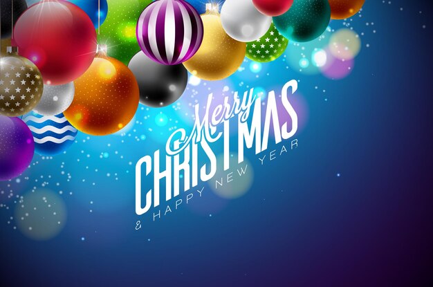 Ilustración de feliz navidad y próspero año nuevo con bolas ornamentales multicolores