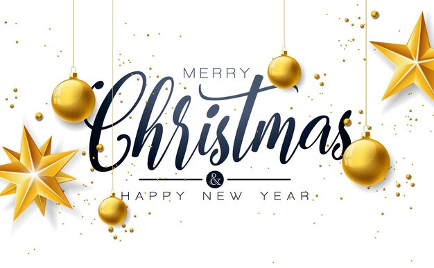 Ilustración de feliz navidad y próspero año nuevo con elementos de tipografía y estrella de bola de cristal dorada