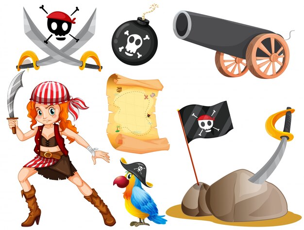 Ilustración femenina del pirata y de otros símbolos