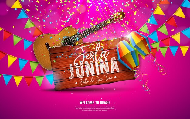 Ilustración de Festa Junina con banderas de fiesta de guitarra acústica y linterna de papel sobre fondo amarillo