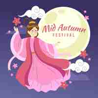 Vector gratuito ilustración del festival del medio otoño con mujer en vestido rosa