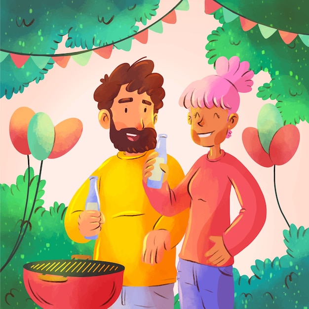 Ilustración de fiesta en el jardín acuarela