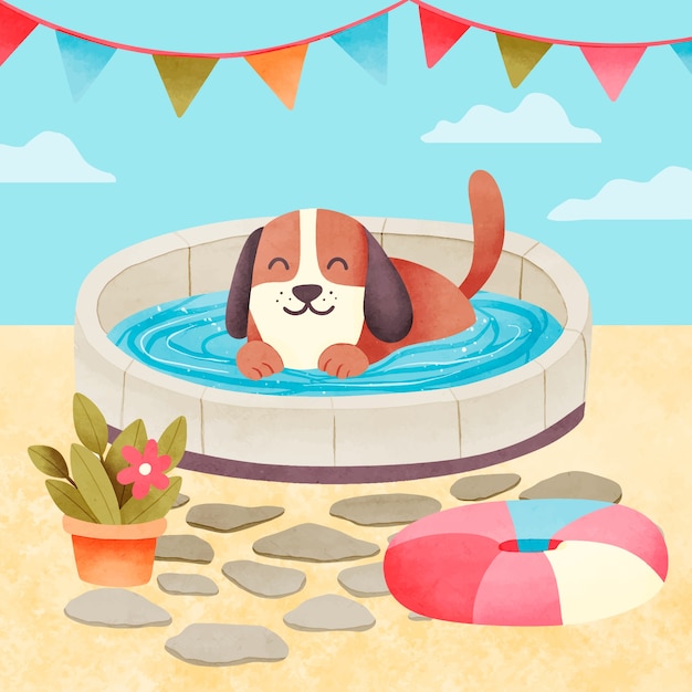 Vector gratuito ilustración de fiesta en la piscina de perro acuarela