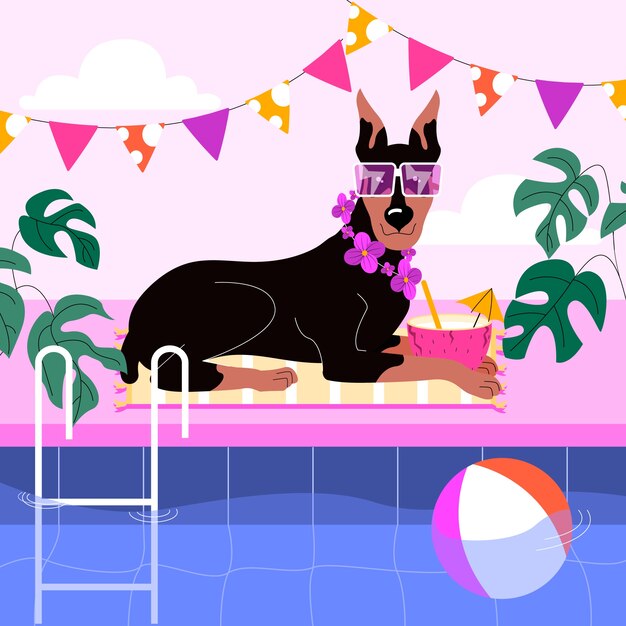 Ilustración de fiesta en la piscina para perros dibujada a mano