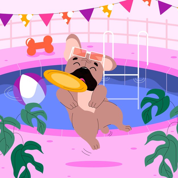 Ilustración de fiesta en la piscina para perros dibujada a mano