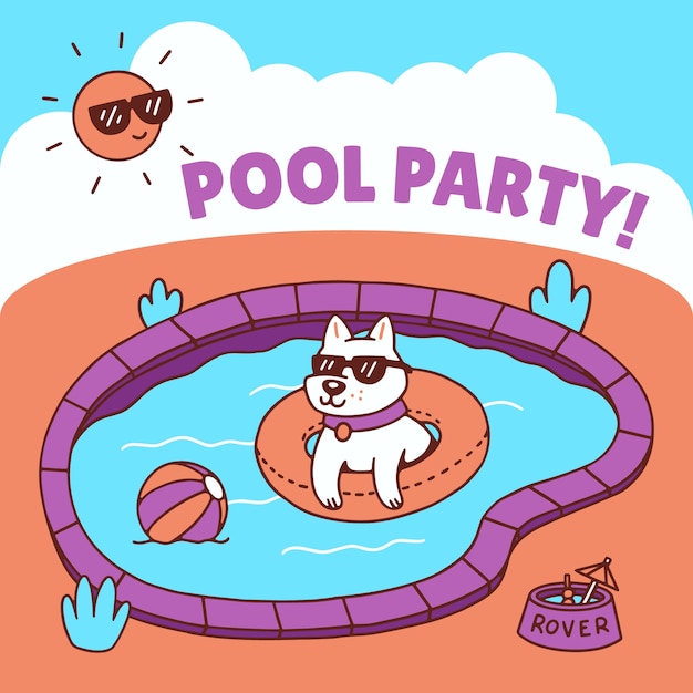 Ilustración de fiesta en la piscina para perros dibujada a mano