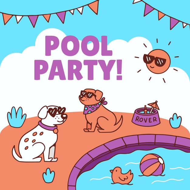 Ilustración de fiesta en la piscina para perros dibujada a mano