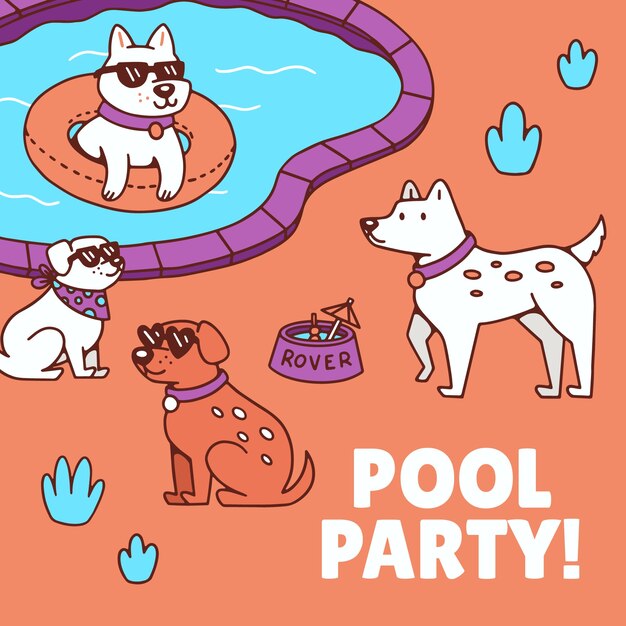 Ilustración de fiesta en la piscina para perros dibujada a mano