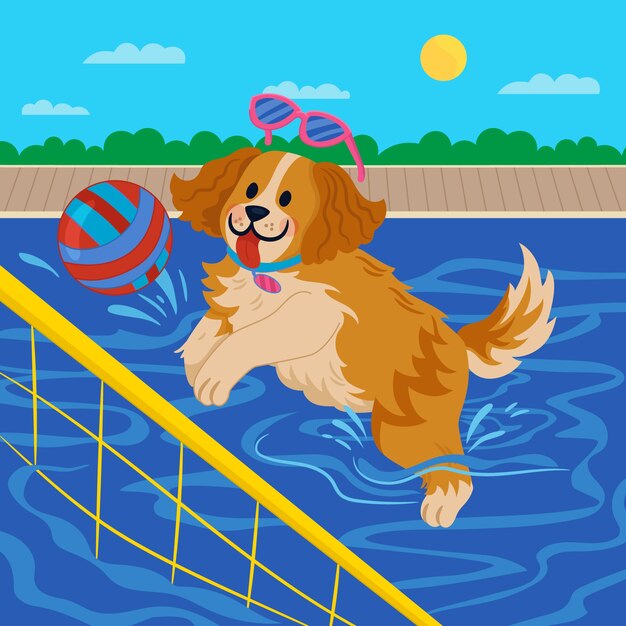 Ilustración de fiesta en la piscina para perros dibujada a mano