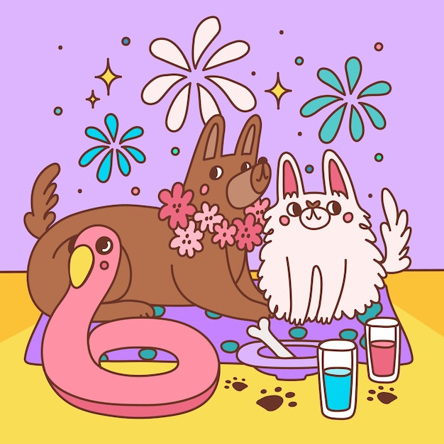 Ilustración de fiesta en la piscina para perros dibujada a mano