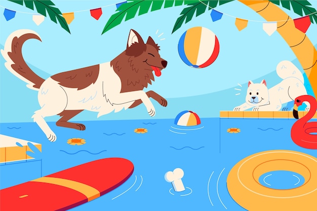 Vector gratuito ilustración de fiesta en la piscina para perros de diseño plano
