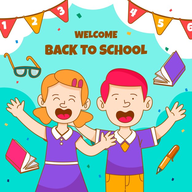 Ilustración de fiesta de regreso a la escuela dibujada a mano con estudiantes celebrando