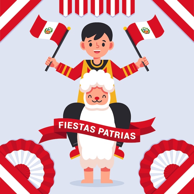 Ilustración de fiestas patrias planas con hombre montando llama