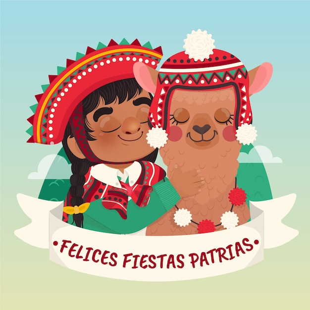 Ilustración de fiestas patrias planas con niño y llama