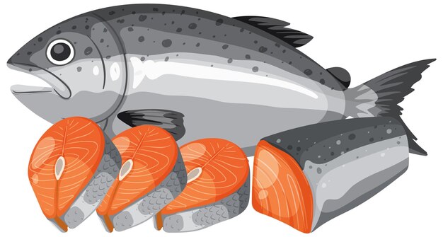 Ilustración de filetes de salmón fresco y en rodajas