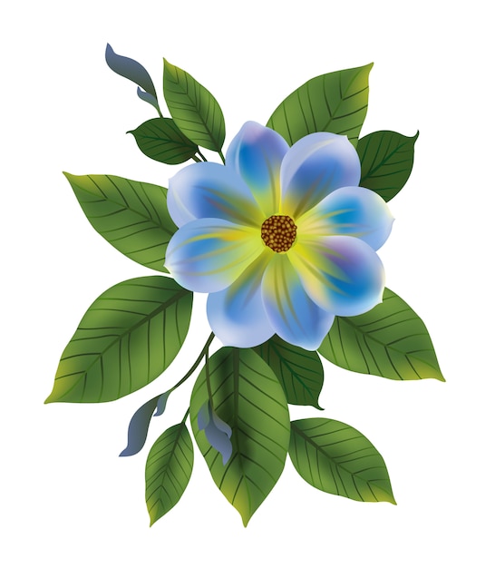 Ilustración de la flor azul con las hojas. No me olvides, amigo, ramita. Concepto de flor