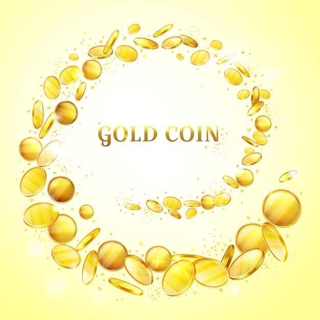 Ilustración de fondo de monedas de oro. salpicaduras de dinero de oro o salpicaduras de remolinos