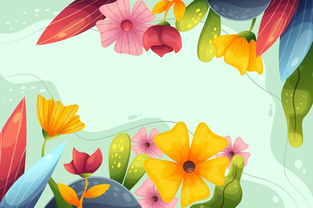 Ilustración de fondo de paisaje de primavera de naturaleza con flores de colores y hojas florales