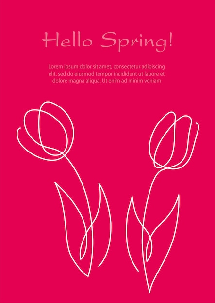 Ilustración de fondo de primavera con dibujos de líneas simples de tulipanes y espacio de texto