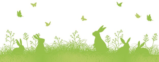 Ilustración de fondo de vector transparente de Pascua con siluetas de conejo en un campo de hierba.
