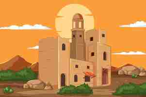 Vector gratuito ilustración de la fortaleza en el desierto al atardecer