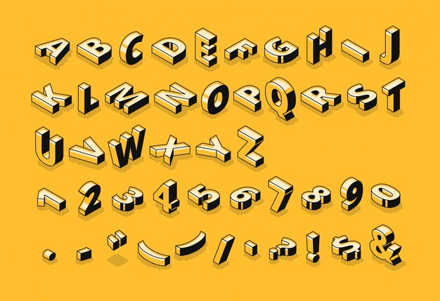 Ilustración de fuente de semitono de letras isométricas del alfabeto abstracto de la delgada línea de dibujos animados