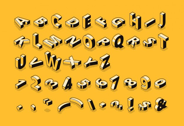 Ilustración de fuente de semitono de letras isométricas de tipografía de alfabeto abstracto de línea delgada de dibujos animados