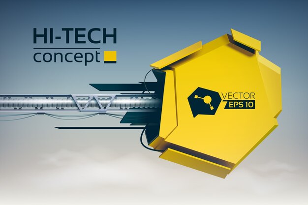 Ilustración futurista abstracta con objeto mecánico amarillo sobre pilar de metal en estilo de alta tecnología