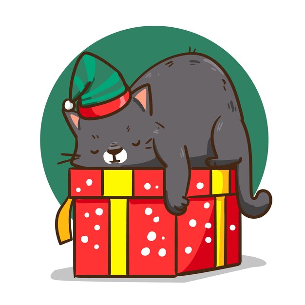 Ilustración de gato de dibujos animados dibujados a mano para la celebración de la temporada navideña
