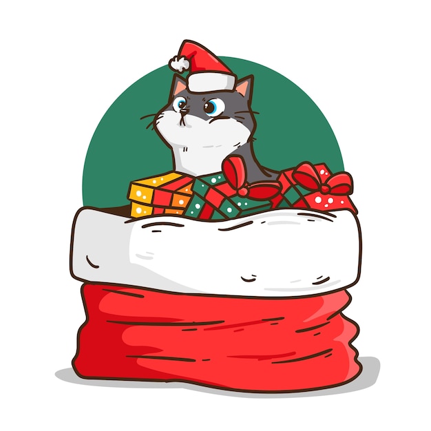 Vector gratuito ilustración de gato de dibujos animados dibujados a mano para la celebración de la temporada navideña