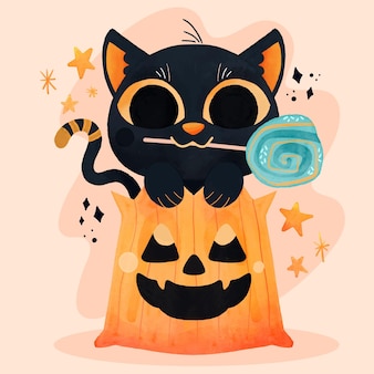 Ilustración de gato de halloween en acuarela
