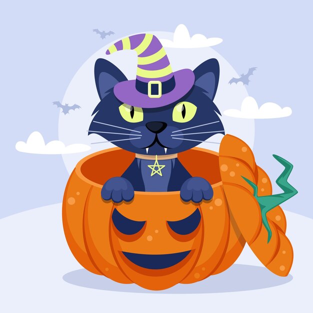 Ilustración de gato de halloween plana
