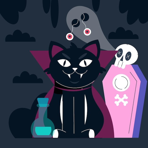 Vector gratuito ilustración de gato de halloween plana