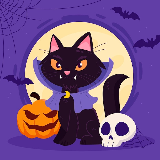 Vector gratuito ilustración de gato de halloween plana