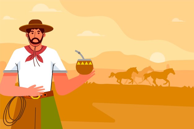 Ilustración de gaucho bebiendo mate en el desierto en estilo dibujado a mano