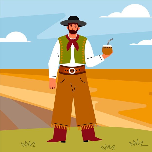Ilustración de gaucho bebiendo mate en estilo dibujado a mano