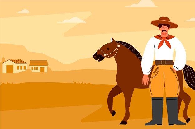 Ilustración de gaucho con caballo en el postre en estilo dibujado a mano