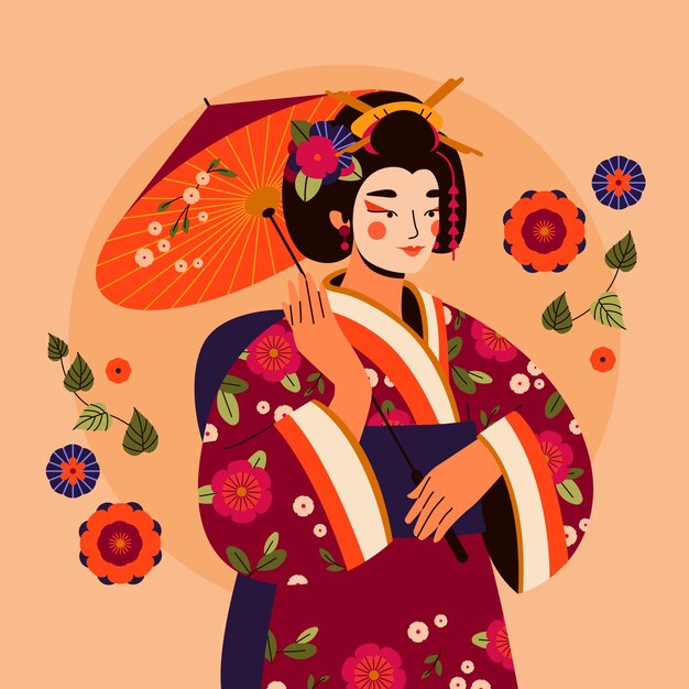 Ilustración de geisha dibujada a mano