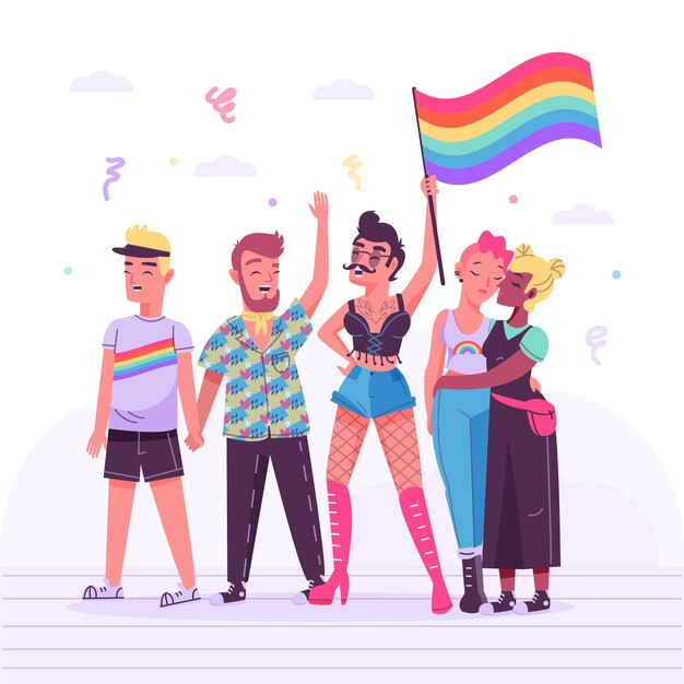 Ilustración con gente celebrando el día del orgullo