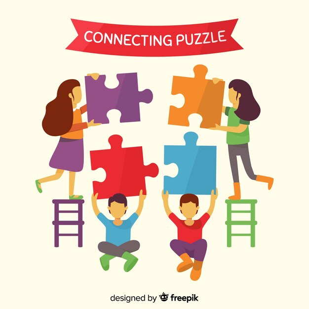 Ilustración gente haciendo un puzzle dibujada a mano