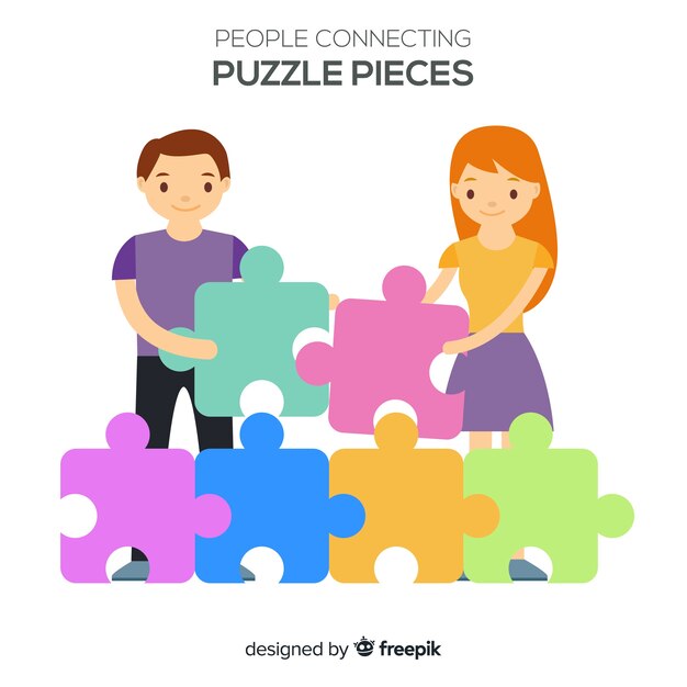 Ilustración gente haciendo un puzzle dibujada a mano