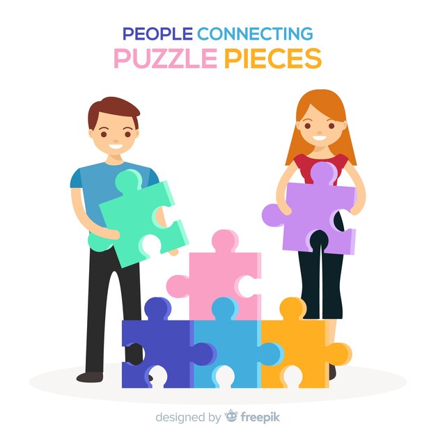 Ilustración gente haciendo un puzzle dibujada a mano