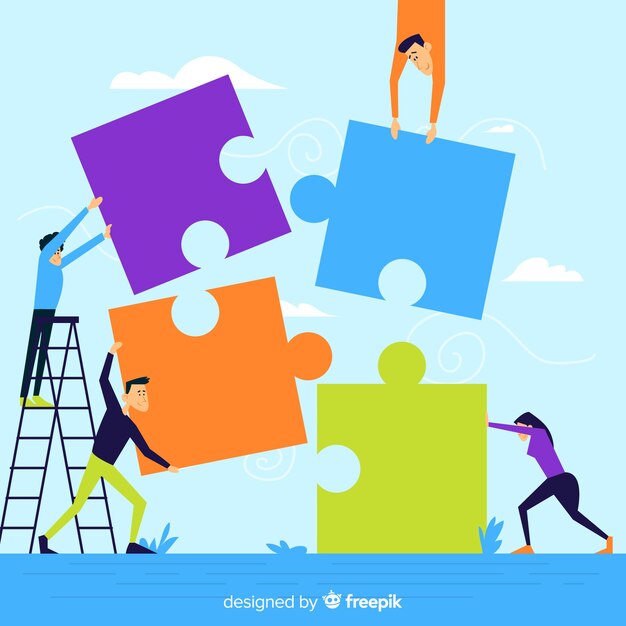 Ilustración gente haciendo puzzle junta