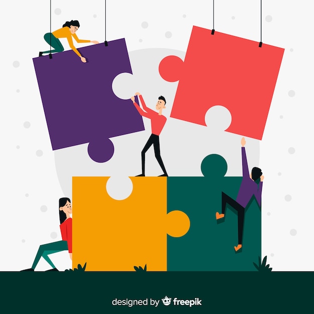 Ilustración gente haciendo puzzle junta
