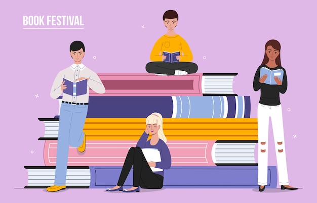 Ilustración de la gente leyendo libro festival