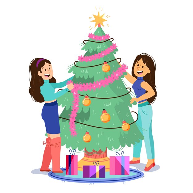Ilustración de la gente que adorna el árbol