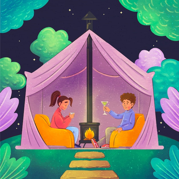 Ilustración de glamping acuarela