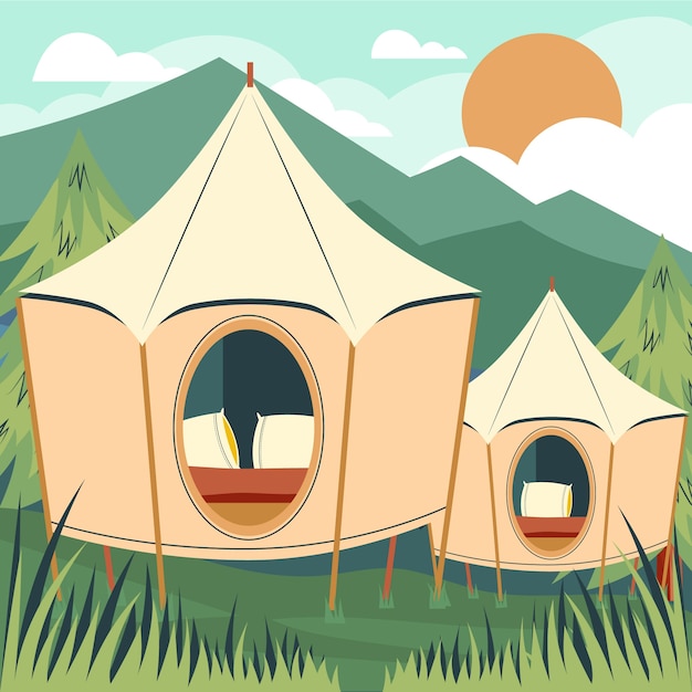 Ilustración de glamping de diseño plano dibujado a mano