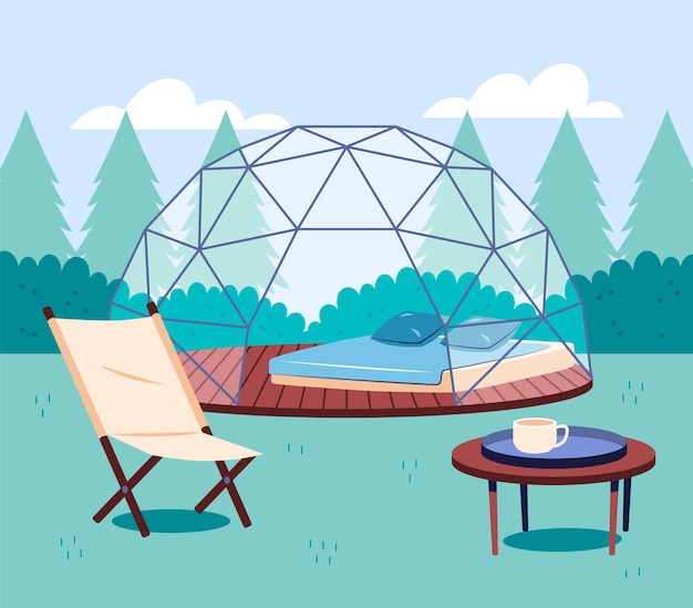 Ilustración de glamping de diseño plano dibujado a mano