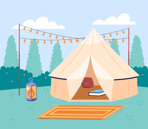 Ilustración de glamping de diseño plano dibujado a mano